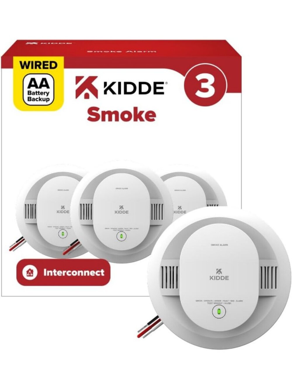 Kidde Smoke Detector, Hardwired with AA Battery Backup, 20SAR, 3 Pack